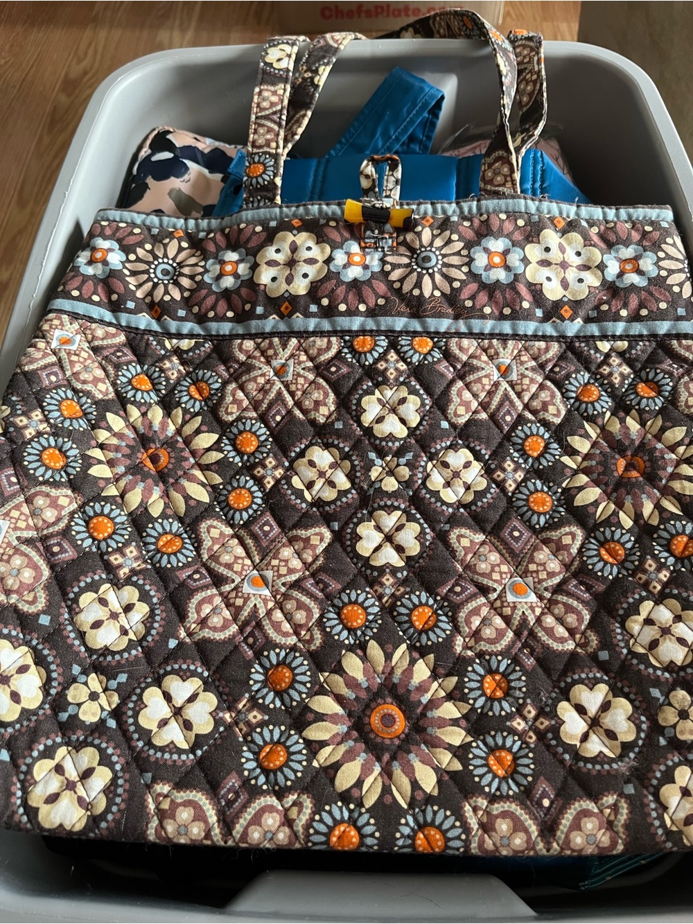Vera Bradley Brown Floral Mosaic Quilted Tote with Orange Accents